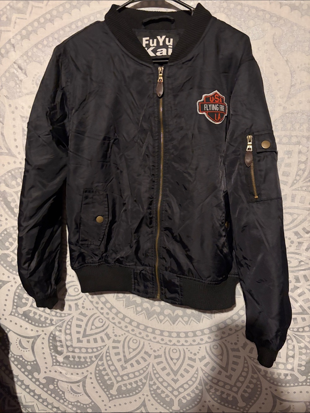 FuYu Kai Mens XL Black MA-1 Bomber Jacket USA Flying Free Patch